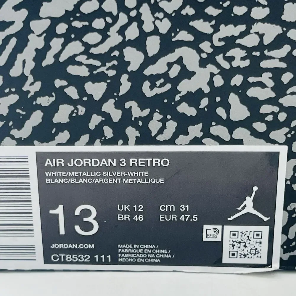 Nike Air Jordan 3 Retro White Silver Sneakers CT8532 111 Men Size 13 NEW